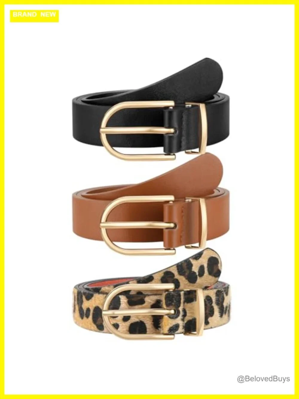 3 Pack Faux Leather Belts for Women Gold Buckle Adjustable Waist Belt